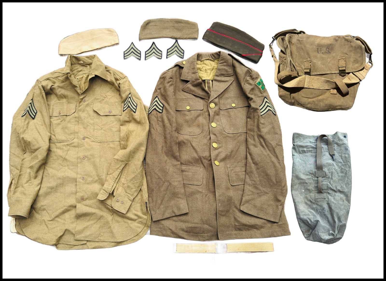 WWII US Army 4th Infantry NAMED GROUP Uniform Musette Field Duffle Bag 11 Pc Lot WWII US Army 4th Infantry NAMED GROUP Uniform Musette Field Duffle Bag 11 Pc Lot