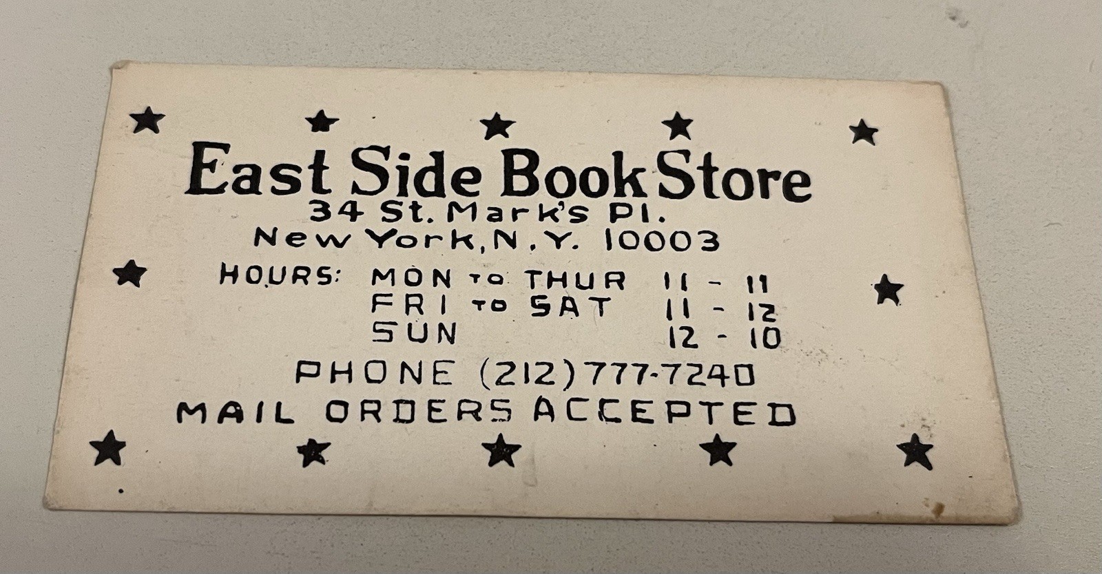 East Side Book Store card with Allen Ginsberg handwriting re HOWL St Marks Place