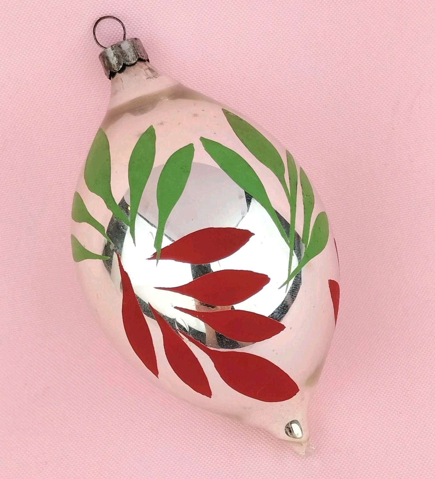 Vtg Heim Teardrop Silver Hand Painted Red Green Leaves Lemon Drop US of A 4.25\