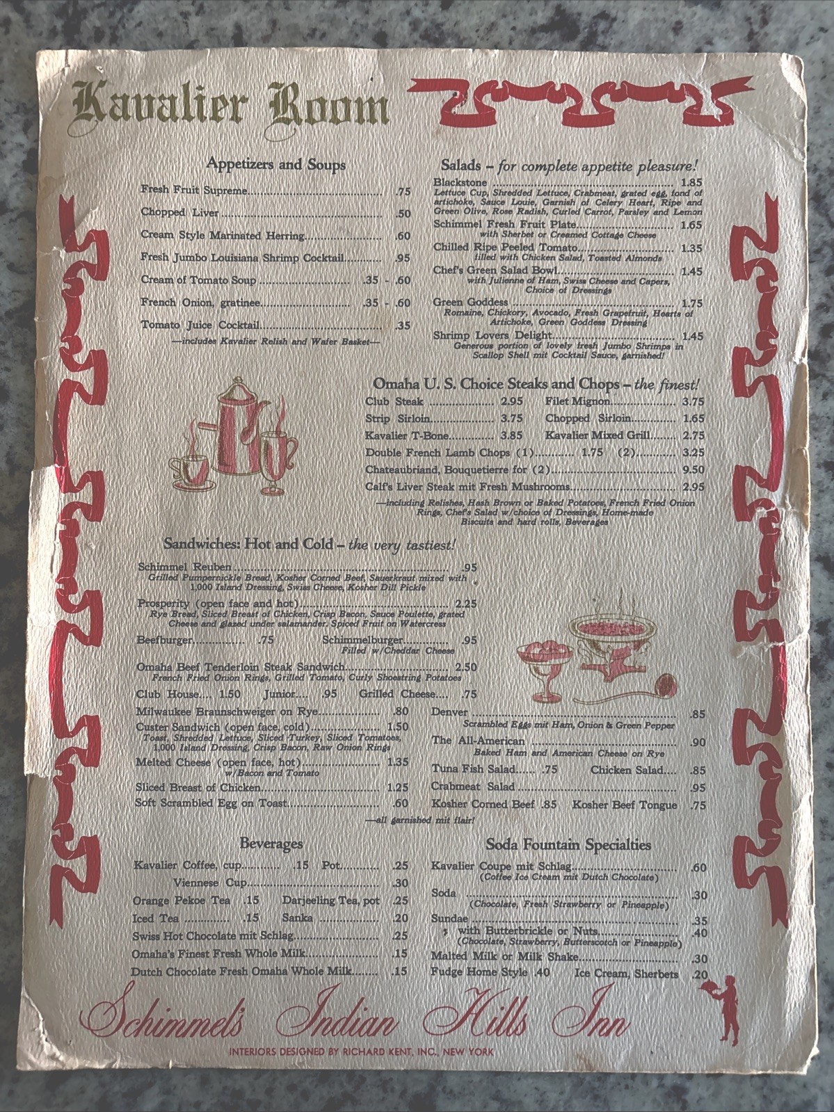 Vintage 1960s KAVALIER ROOM Menu Schimmel’s Indian Hills Inn Omaha NE Steak Chop