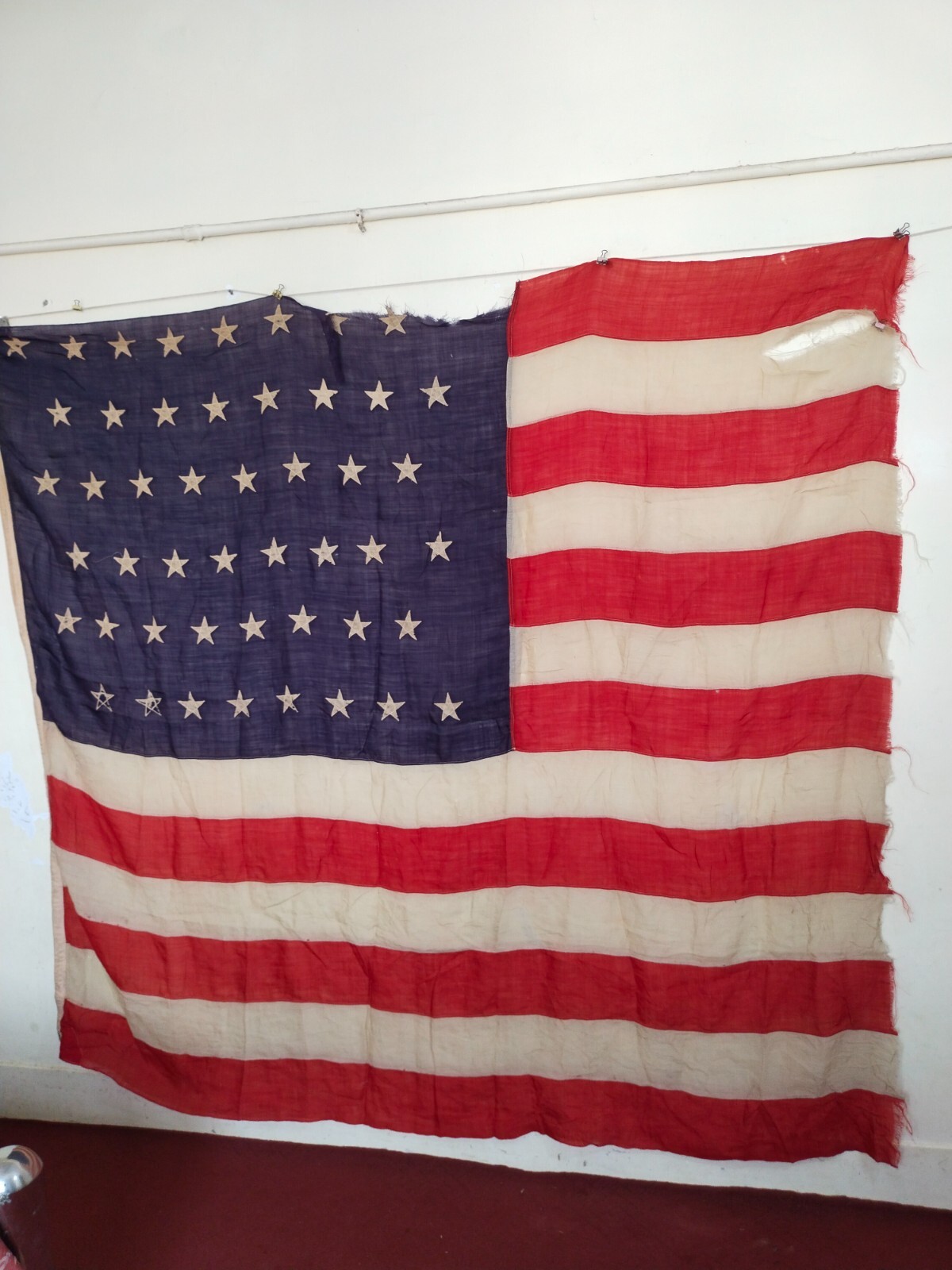 Vintage 48 Star US American Flag Sewn Cotton Linen Fragment Red White Blue Antiq