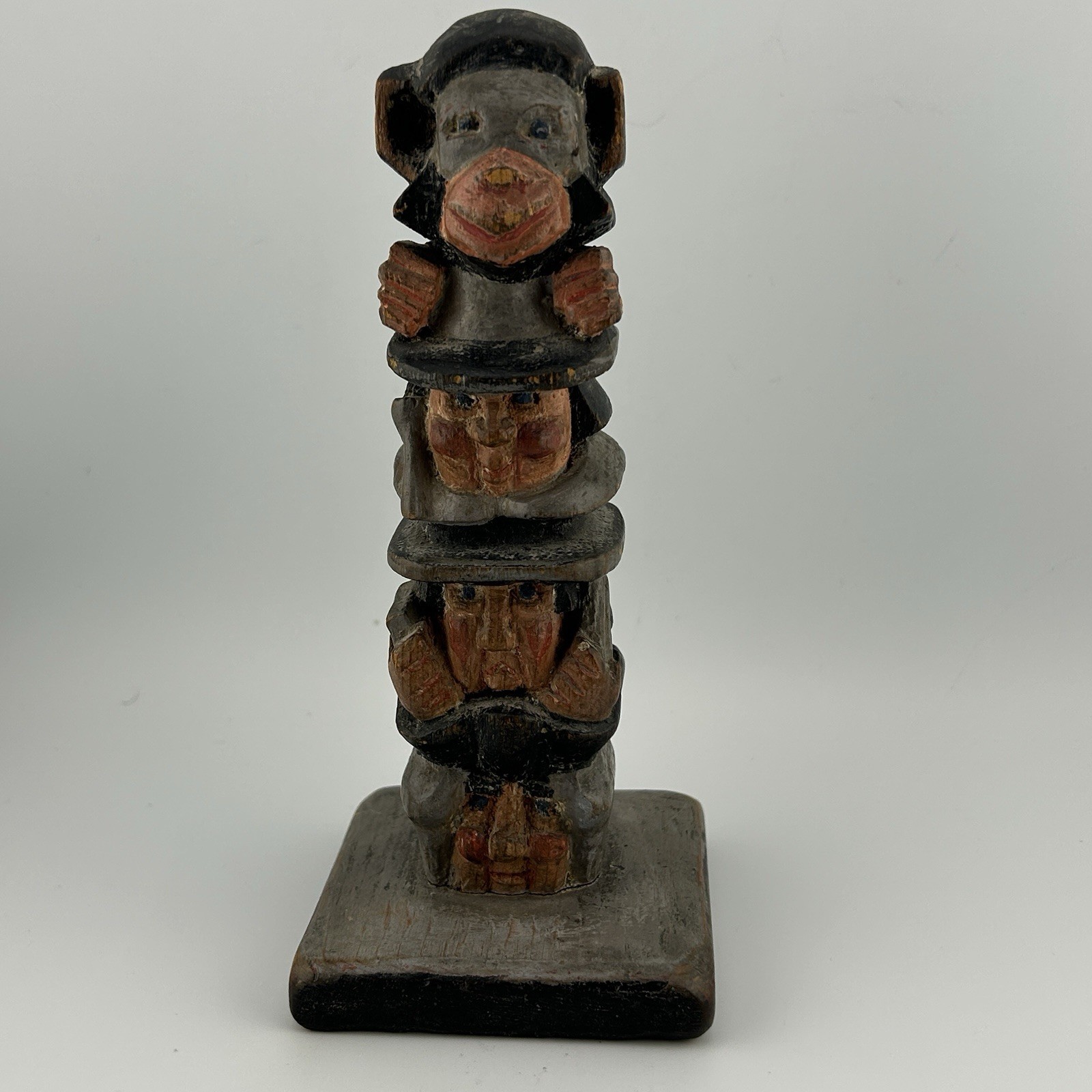 Hand-Carved Folk Art Wood Totem Guatemala Stacked Campesinos Monkey 60s Vintage Hand-Carved Folk Art Wood Totem Guatemala Stacked Campesinos Monkey 60s Vintage