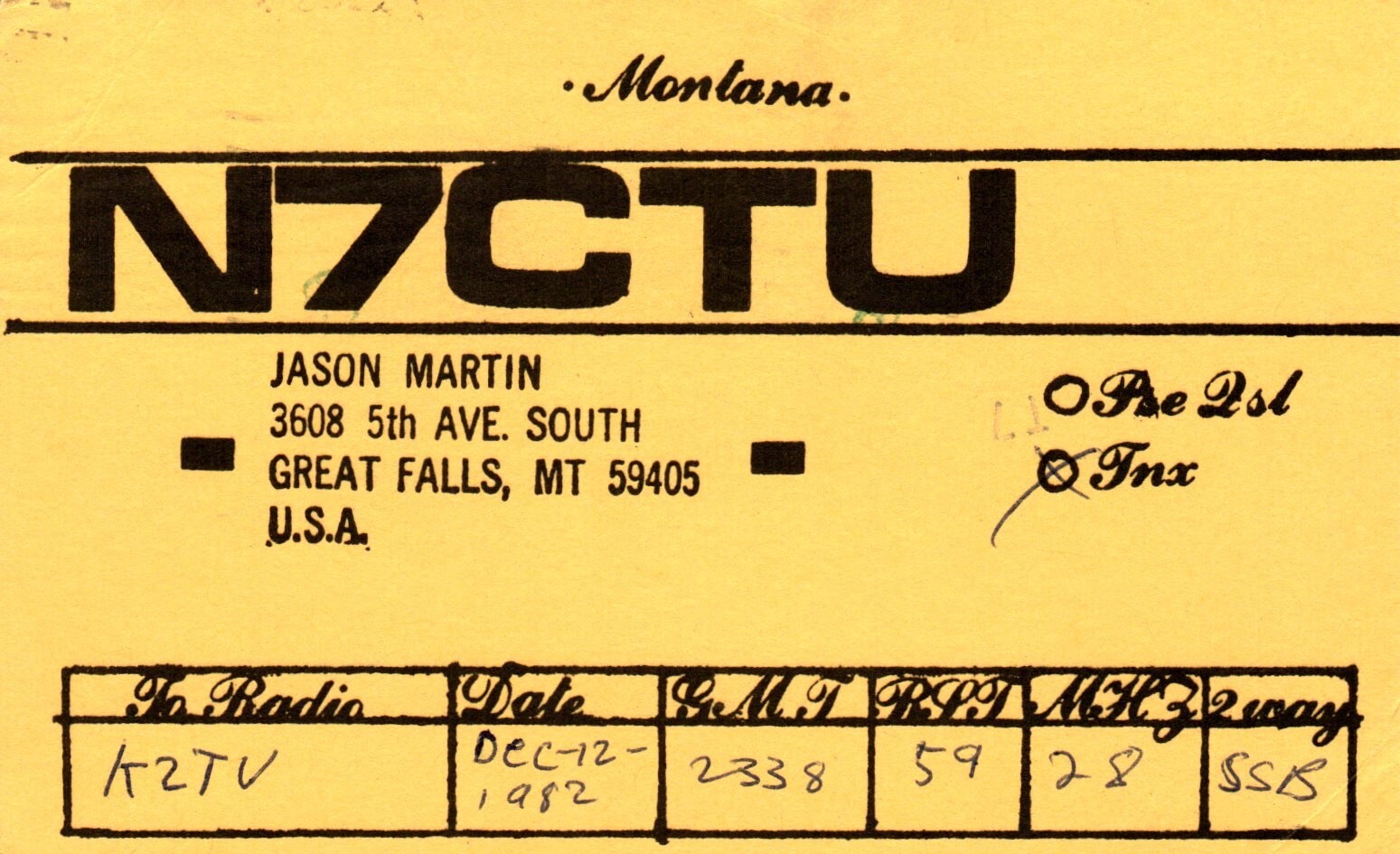 Great Falls Montana N7CTU QSL Radio Postcard