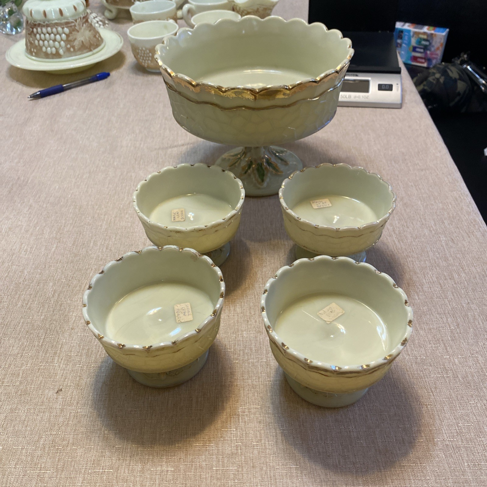 EXTREMELY RARE Antique Northwood Master Berry & Four Sauce Bowls Custard Maple