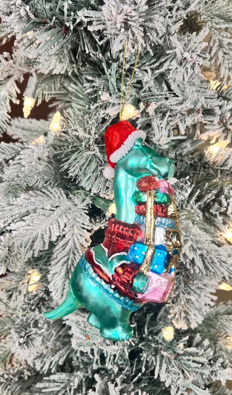 Hand Decorated Dinosaur with Presents Glass Christmas Ornament Santa Hat