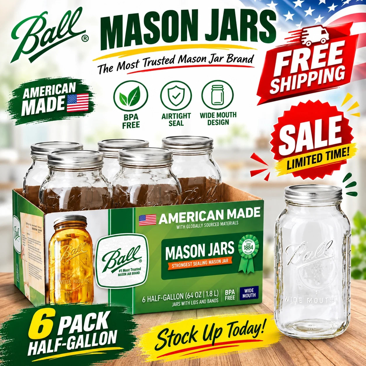 Ball Glass Mason Jar W/Lid & Band, Wide Mouth, 64 Ounces, 6 Count Ball Glass Mason Jar W/Lid & Band, Wide Mouth, 64 Ounces, 6 Count