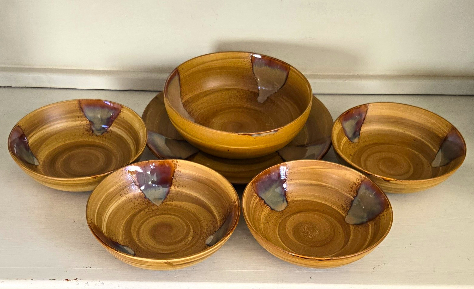 Sango Splash 4951 Brown Stoneware Bowls & Serving Platter Set of 6 Sango Splash 4951 Brown Stoneware Bowls & Serving Platter Set of 6