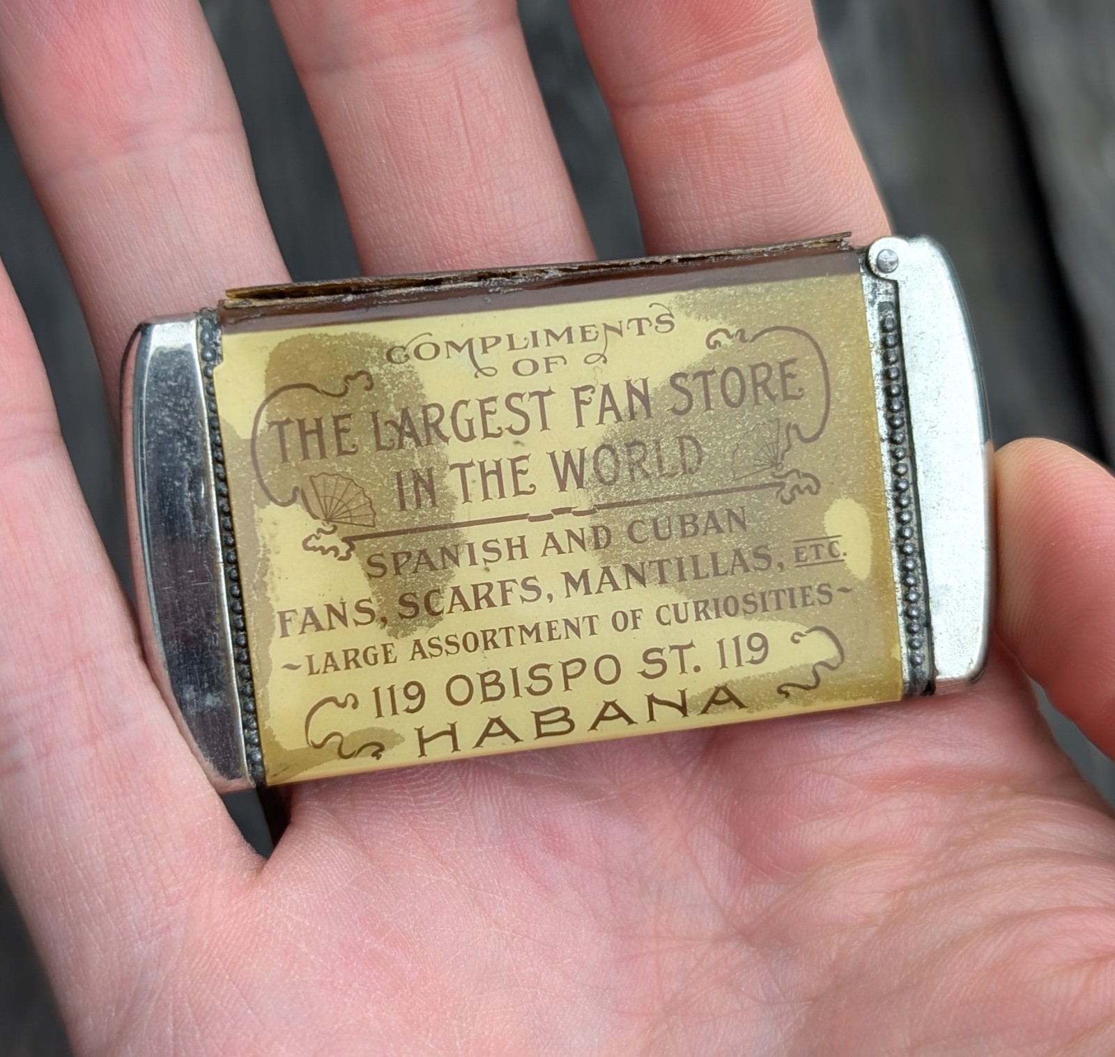 Antique Cuban Match Safe. Advertisement & Souvenir. Celluloid. Fan Store. Castle