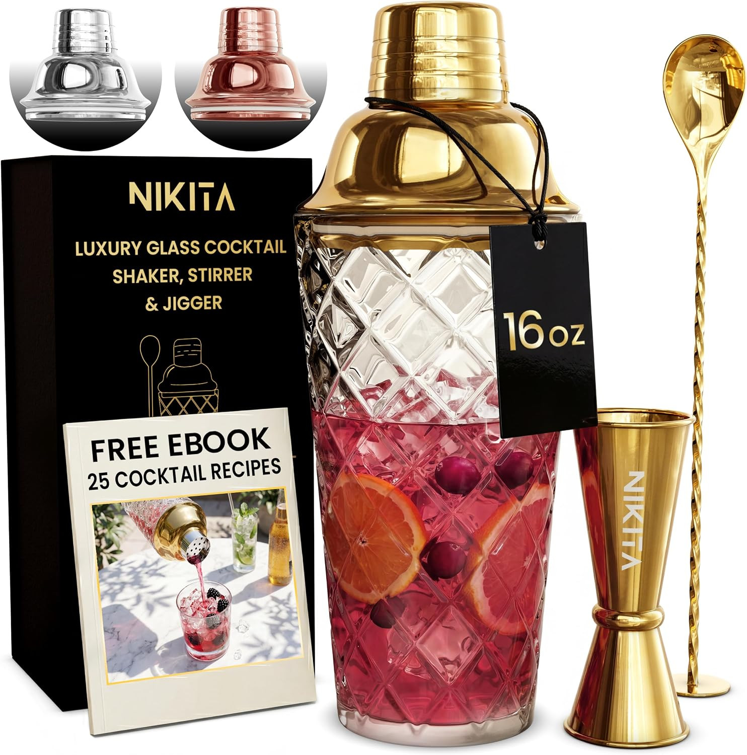 Nikita Cocktail Shaker, 5-Piece Martini Shaker & Bartender Kit with Bar Accessor