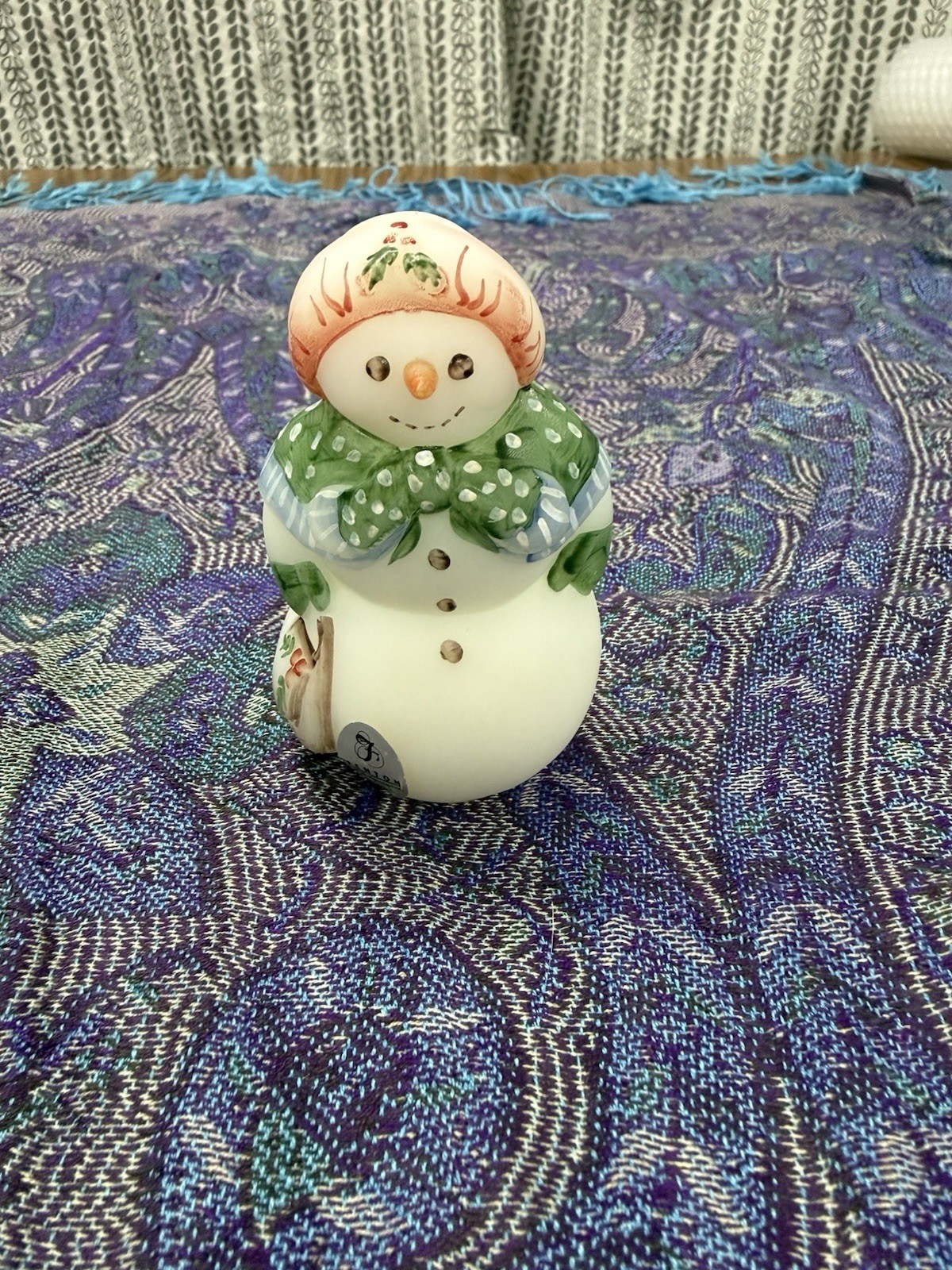 Fenton Handpainted Glass Snowman Figurine Polka Dot Signed by maybe V. Cline?