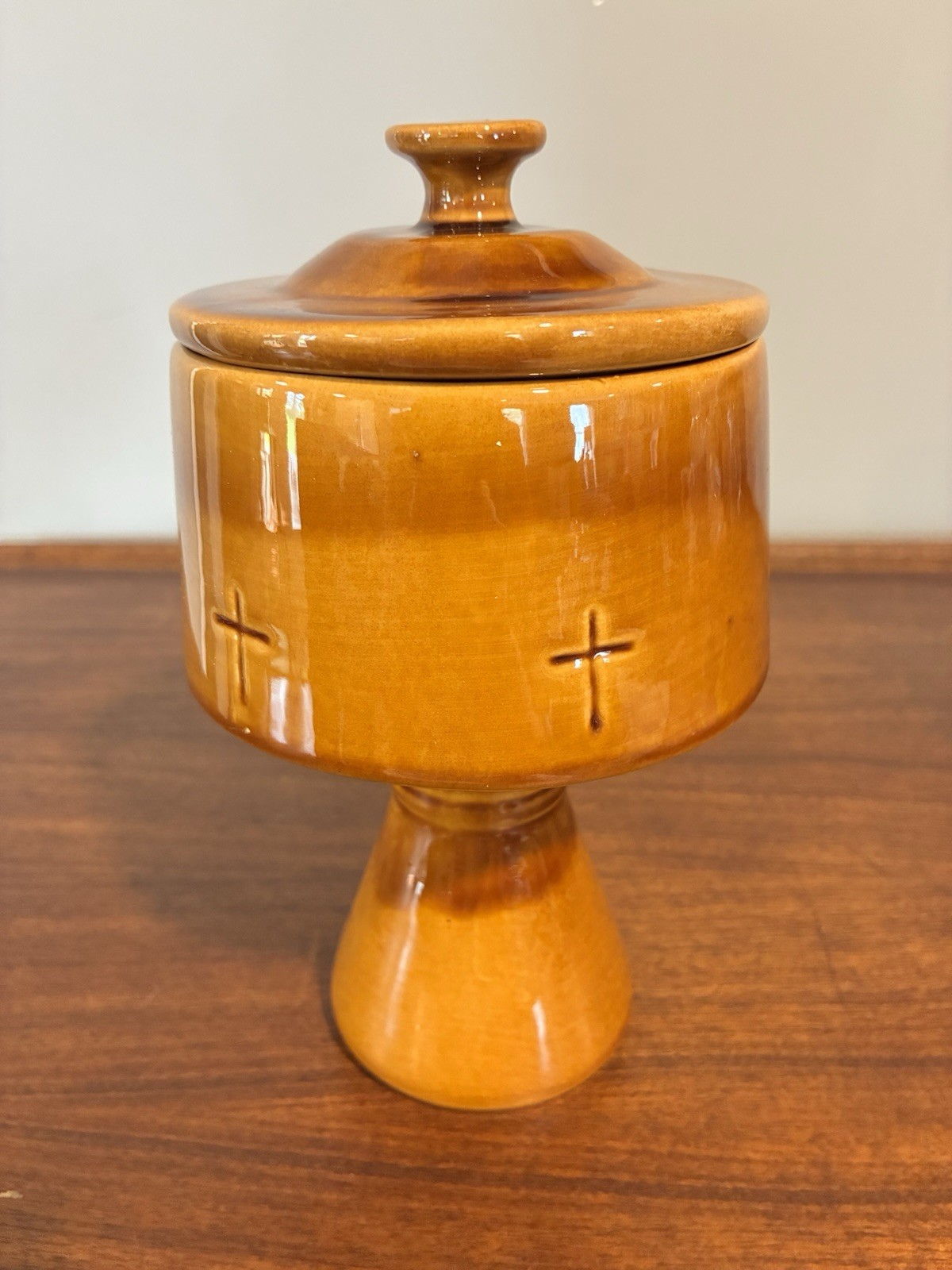 Vintage Studio Pottery Lidded Communion Chalice Signed Art MCM Cross Honey Brown