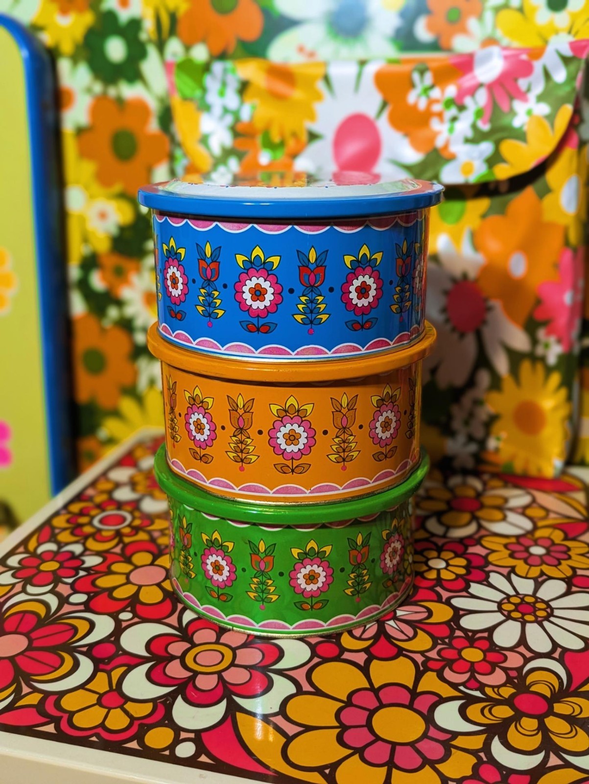 Flower Power Canisters Tins Vintage Groovy Retro 1970s 70s MCM VTG Bright Colors