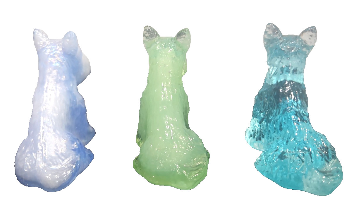 Three Vintage Boyd Art Glass Duke The Scottie Dogs Blue, Green & Sky Blue Slag Three Vintage Boyd Art Glass Duke The Scottie Dogs Blue, Green & Sky Blue Slag