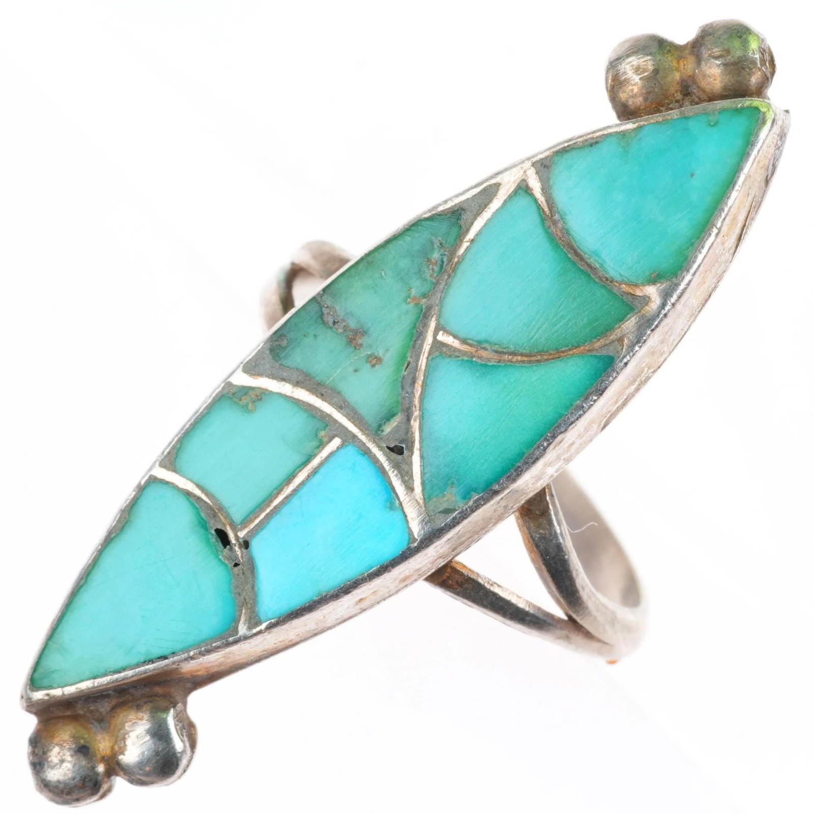 sz7 vintage Zuni sterling silver fishscale inlay turquoise ring sz7 vintage Zuni sterling silver fishscale inlay turquoise ring
