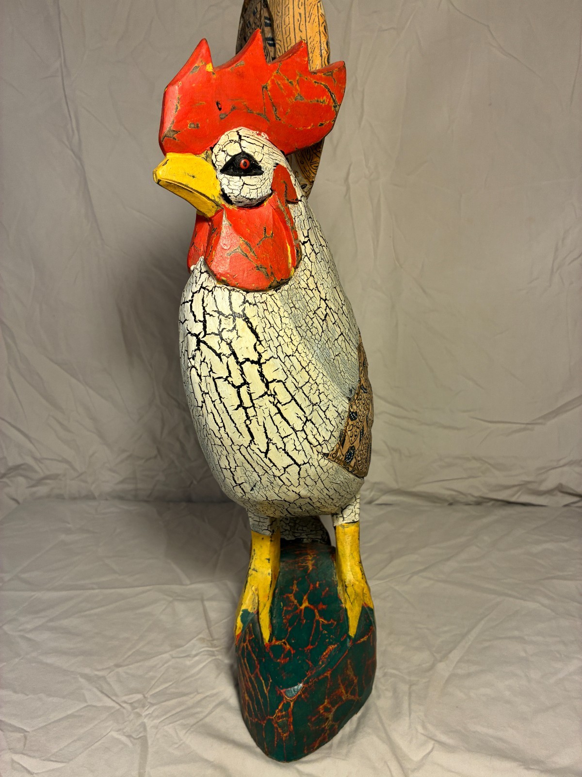 Vintage Indonesian Carved Wood Rooster Statue Batik Folk Art Chicken Figurine