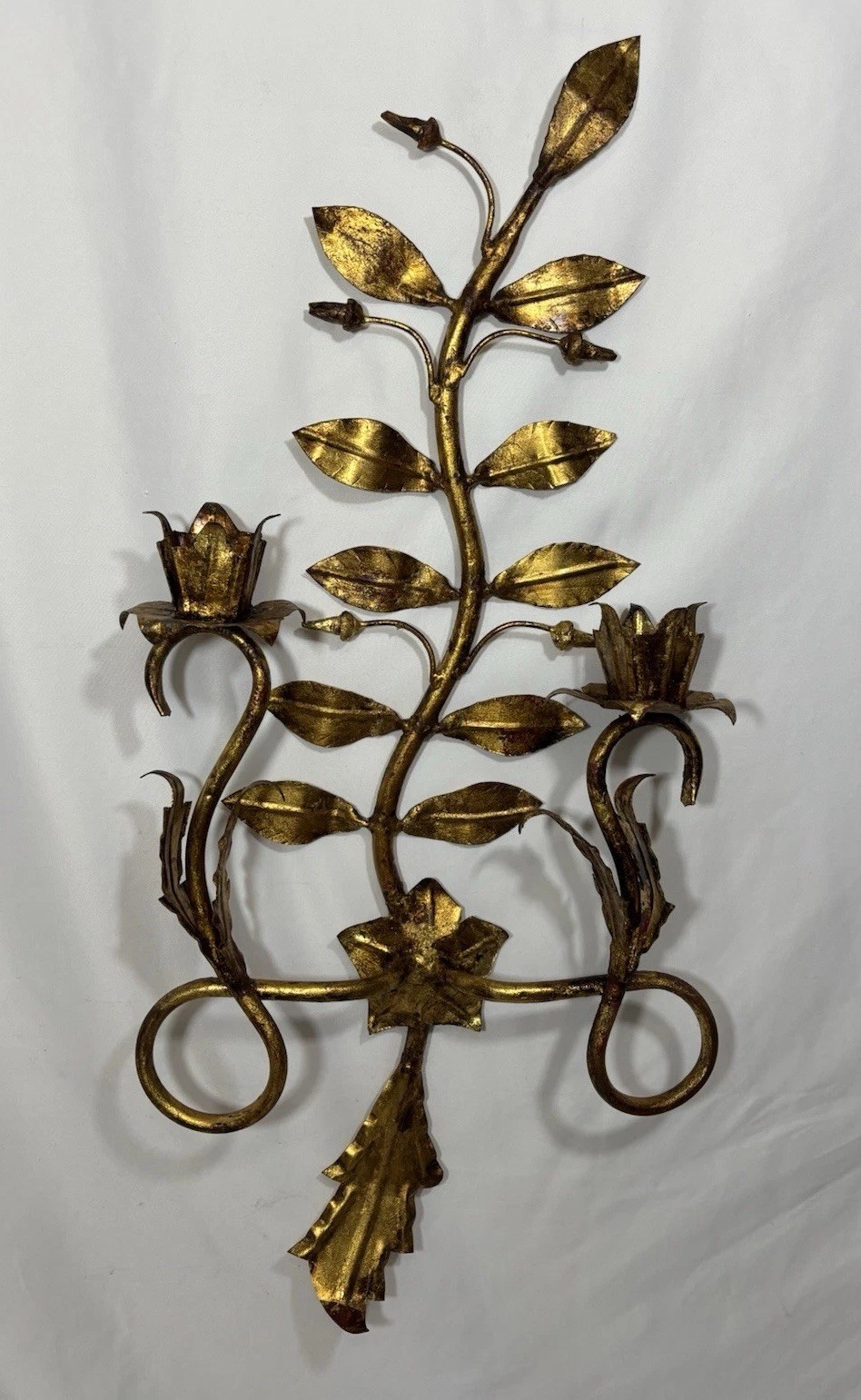 Vintage Italian Style Gold Gilt Iron Toleware Candle Wall Sconce 2 Arm 27.25 Vintage Italian Style Gold Gilt Iron Toleware Candle Wall Sconce 2 Arm 27.25