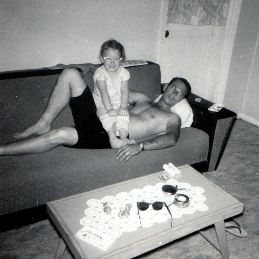 c1950s Shirtless Man Girl Daughter Couch Snapshot Photo Living Room Sunglasses c1950s Shirtless Man Girl Daughter Couch Snapshot Photo Living Room Sunglasses