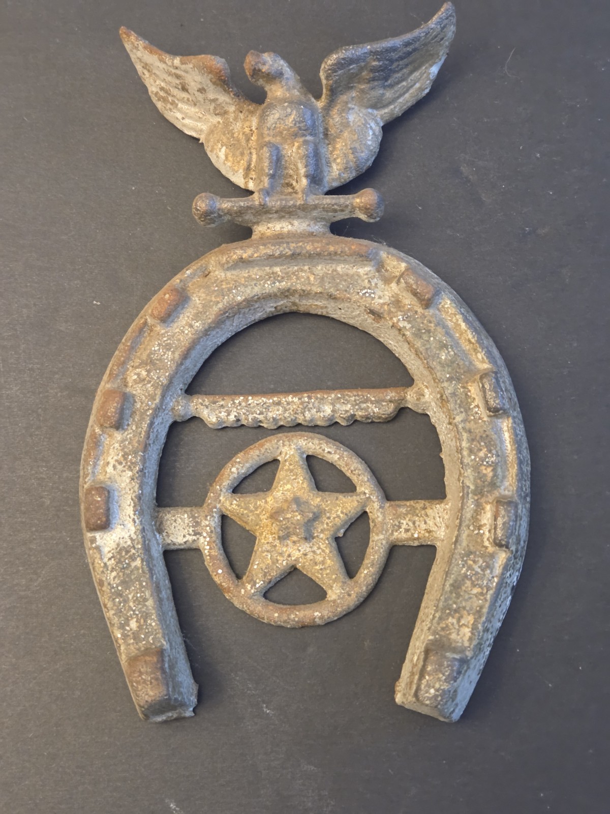 Antique cast iron fraternal organization horseshoe plaque, eagle, star Antique cast iron fraternal organization horseshoe plaque, eagle, star