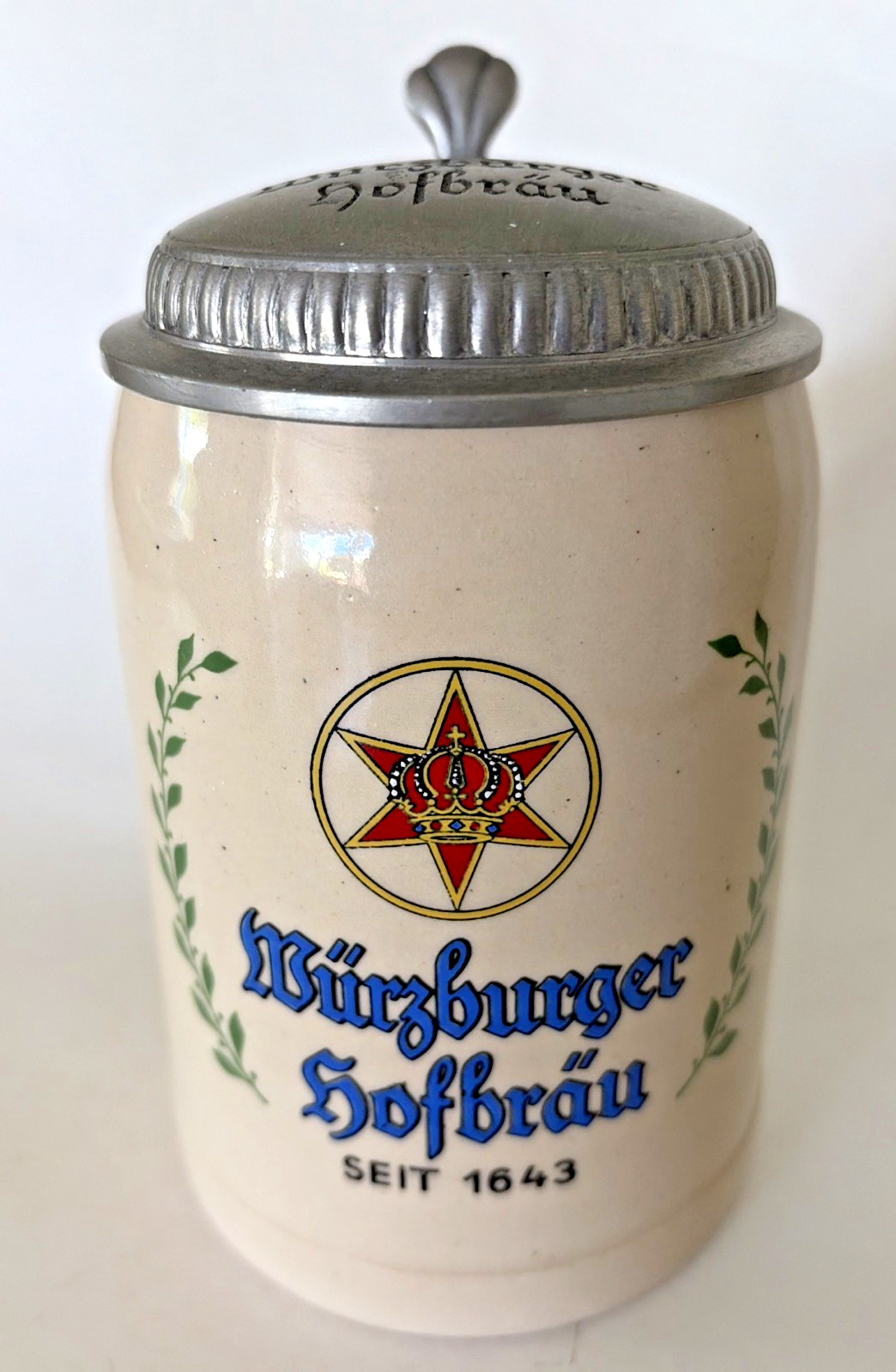 Vtg Wurzburger Hofbrau German Stein Stoneware Pewter Lid Red Crown Star Beer