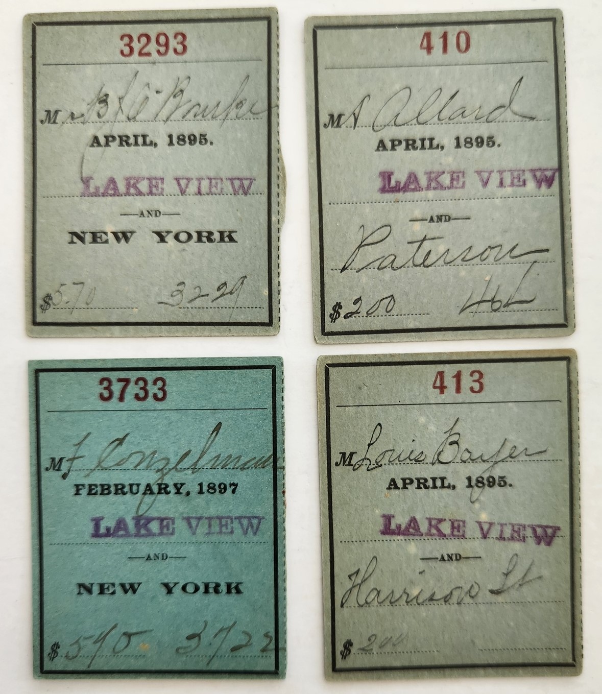 1895 antique N.Y.L.E.&W.R.R. LAKEVIEW railroad TICKET STUB lot of 4