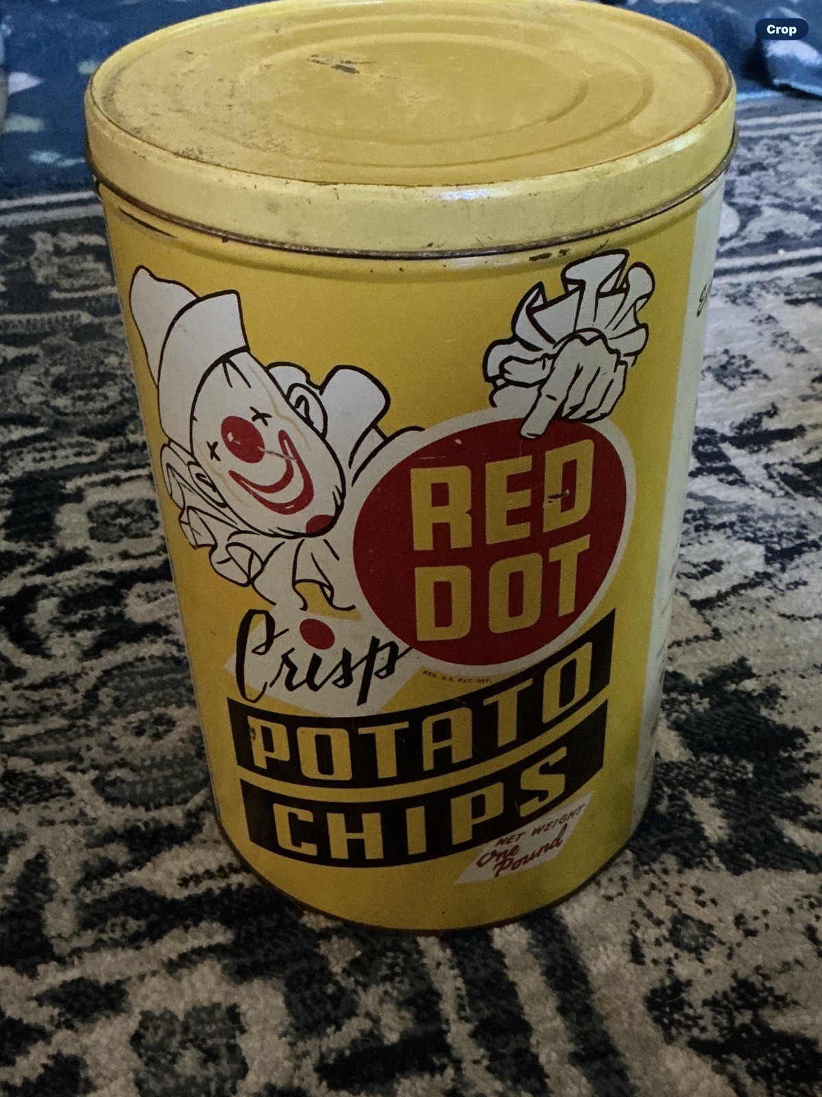 Vintage Red Dot Crisp Potato Chip Clown Graphic Yellow Can