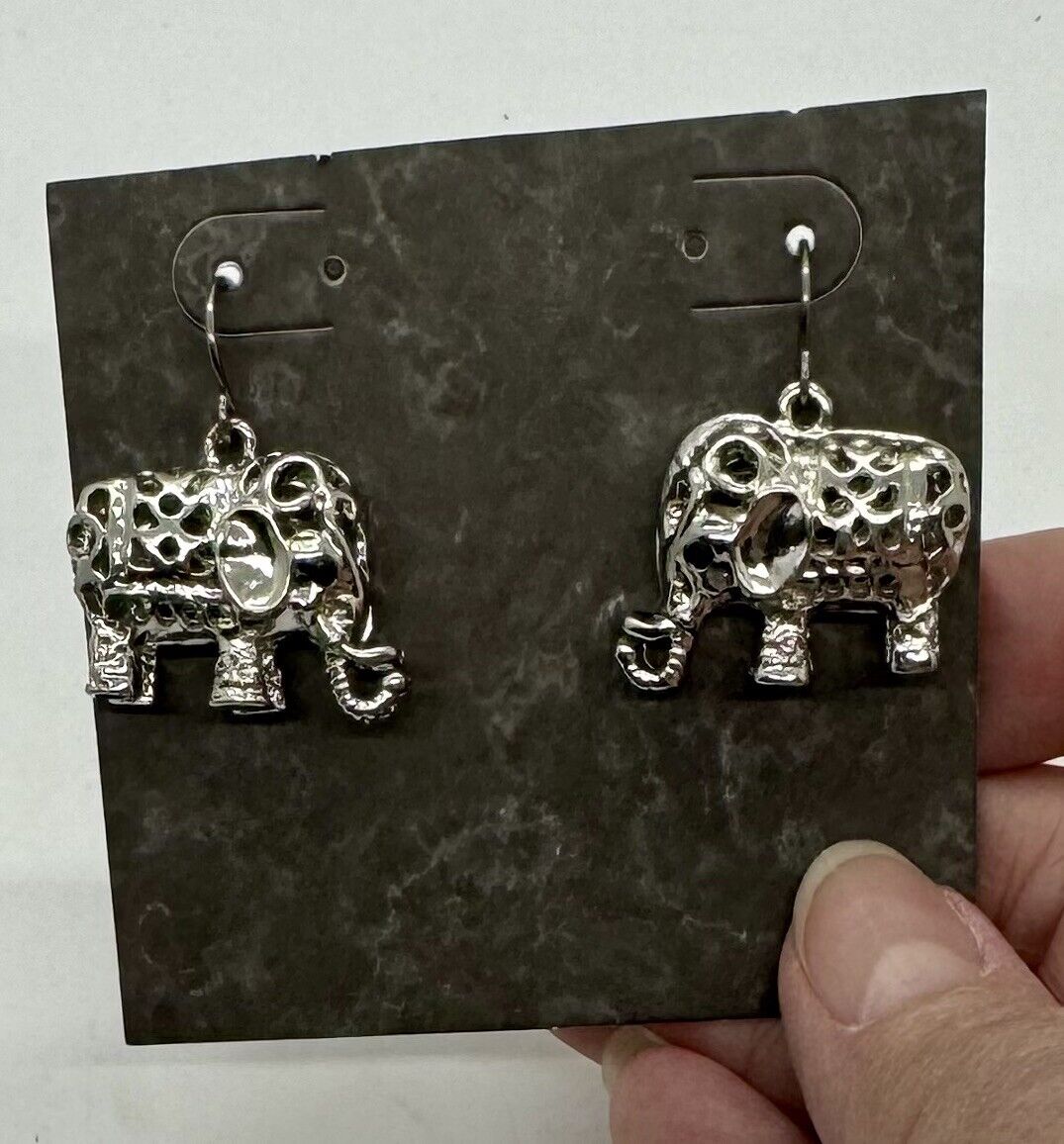 NEW silver tone filigree figural ELEPHANT pierced dangle fishhook earrings 1”