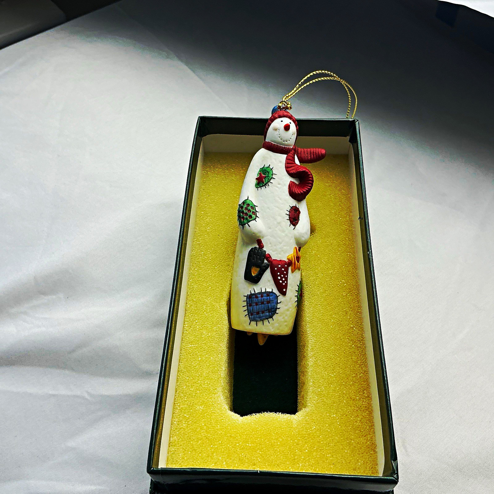 Lang & Wise Patchwork Snowman Ceramic Hanging Bell Ornament 1999 Boxed