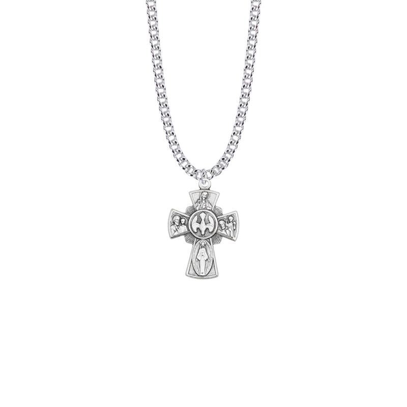 Antiqued Silver Plated Five Way Christian Medal Pendant Necklace