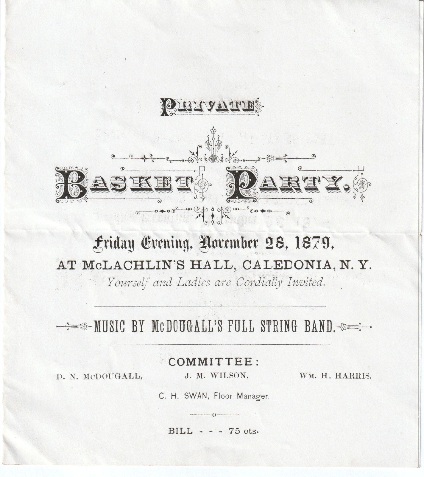RARE - Private Basket Party Invitation - Caledonia NY 1879- Music by String Band