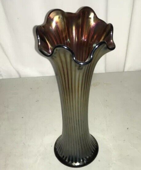 Northwood carnival glass vase. Fine Rib. 10 inch.