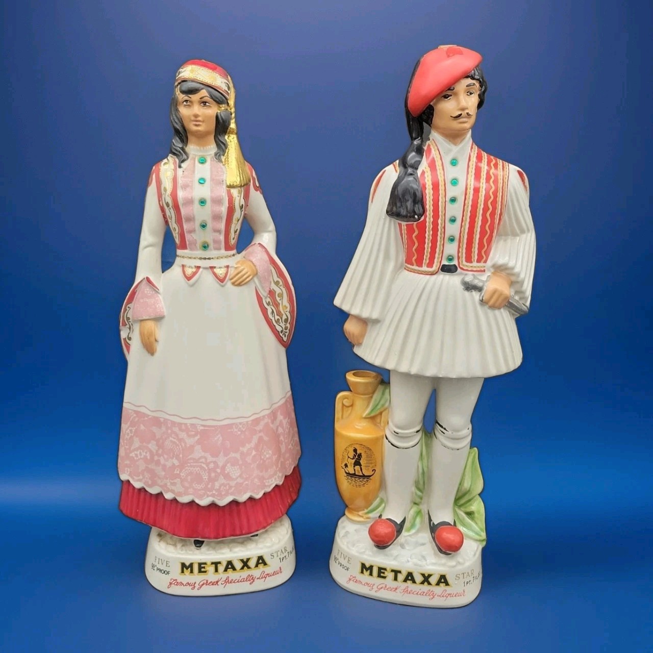 Vintage Metaxa Greek Liqueur Porcelain Figures Empty Bottles Made In Italy 1960s Vintage Metaxa Greek Liqueur Porcelain Figures Empty Bottles Made In Italy 1960s