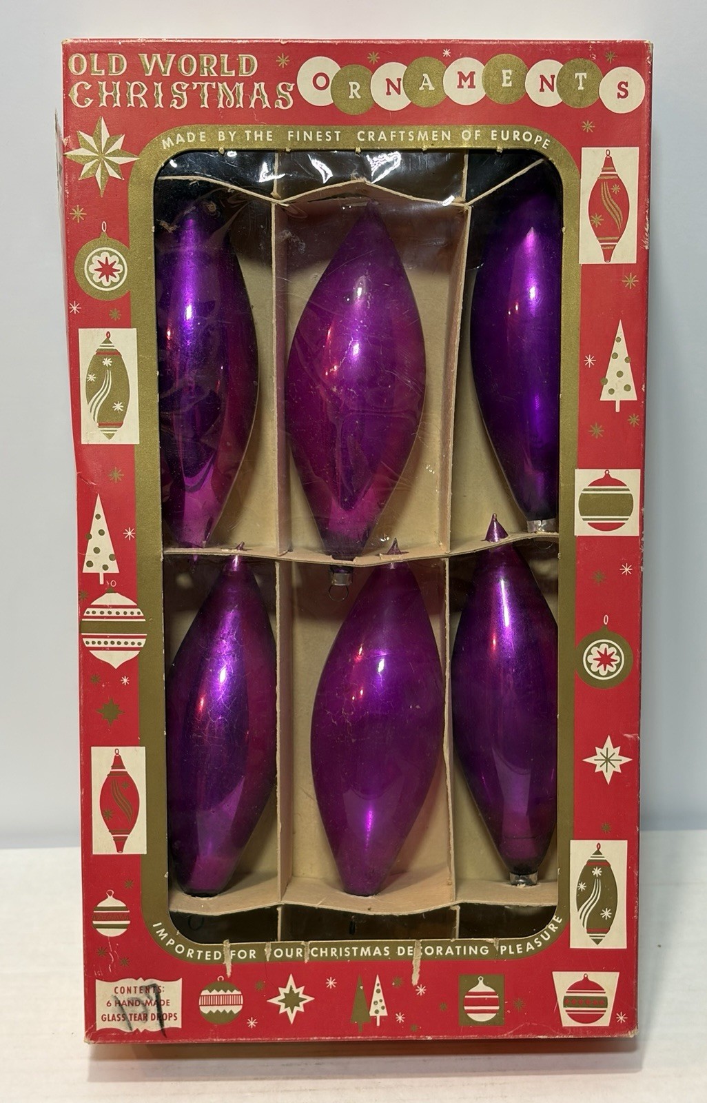 Vtg West Germany Old World Christmas Purple Mercury Glass Teardrop Ornaments Box Vtg West Germany Old World Christmas Purple Mercury Glass Teardrop Ornaments Box