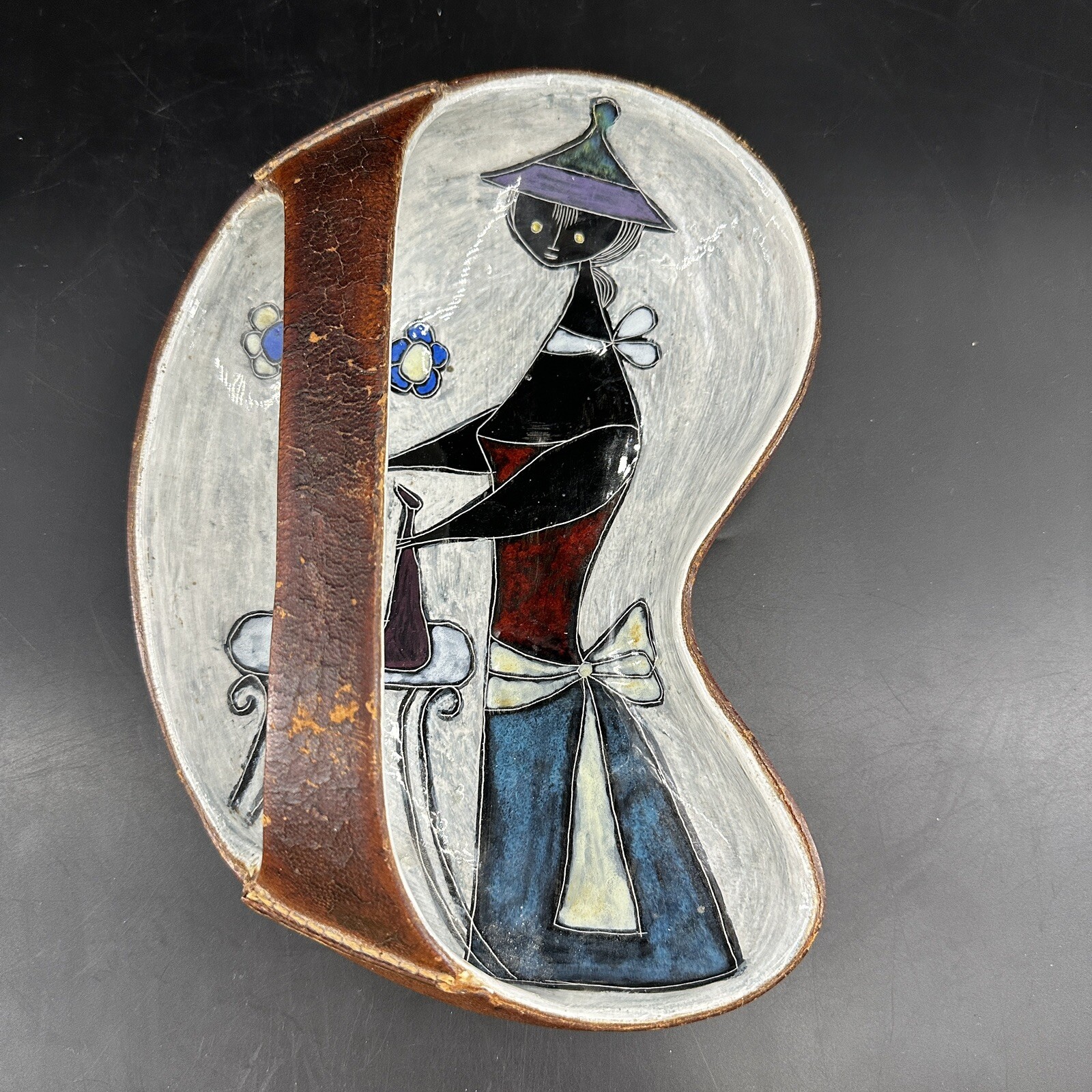 Marcello Fantoni Italian Ceramic Leather Encased Tray Dish Rare 1950's Marcello Fantoni Italian Ceramic Leather Encased Tray Dish Rare 1950's