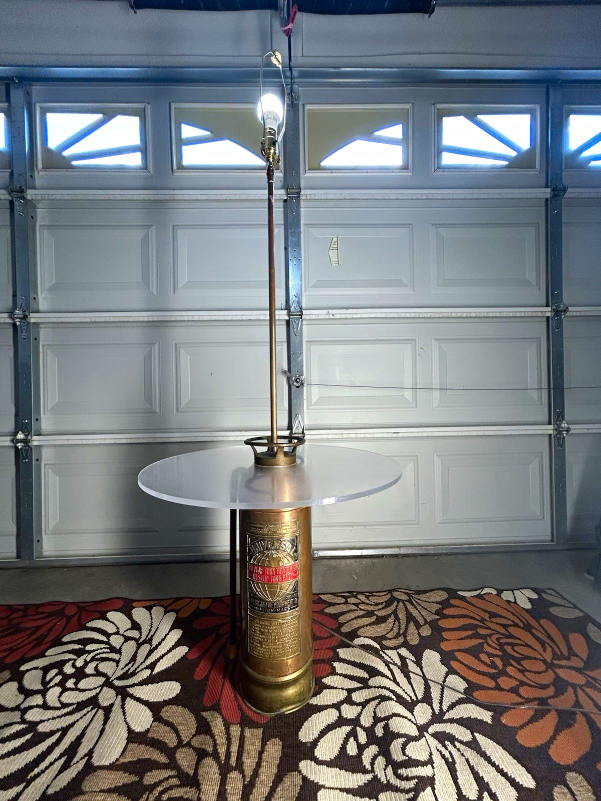 Vintage Brass Fire Extinguisher Converted Lamp w/ Glass Round Table Top