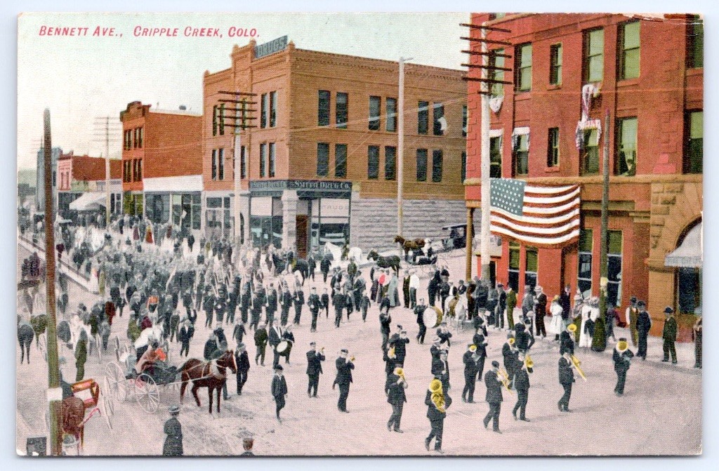 Cripple Creek Colorado Bennett Ave Marching Band Parade c1908 Teller Postcard