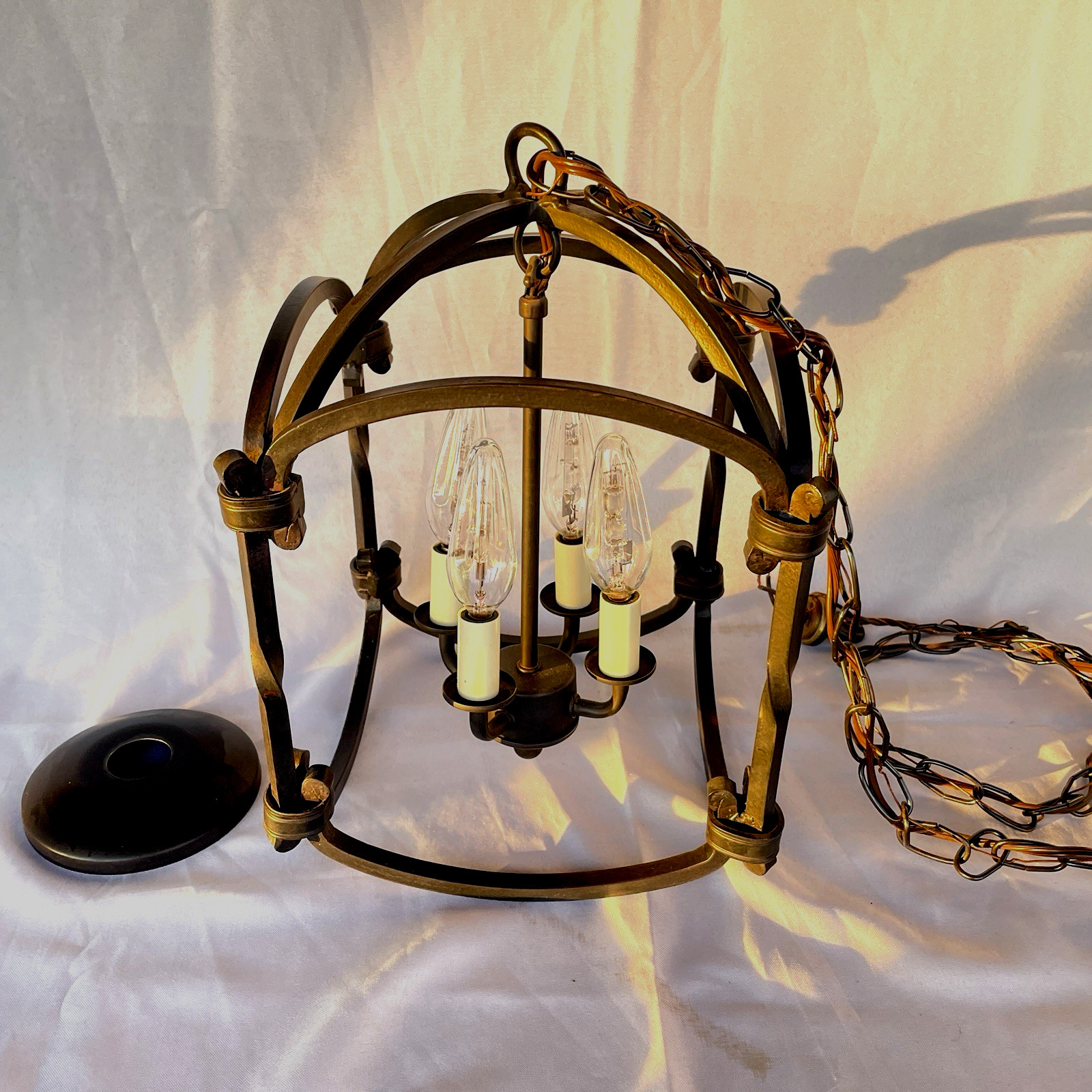 Black Wrought Iron Light Fixture Ceiling Swag Square 4 bulbs Vintage Rustic