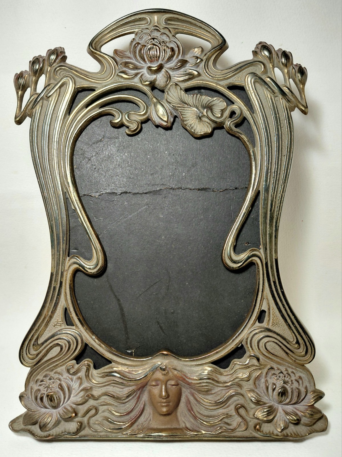 Antique Art Nouveau 12 inch Standing Frame Woman\'s Head Brass on Cast Iron