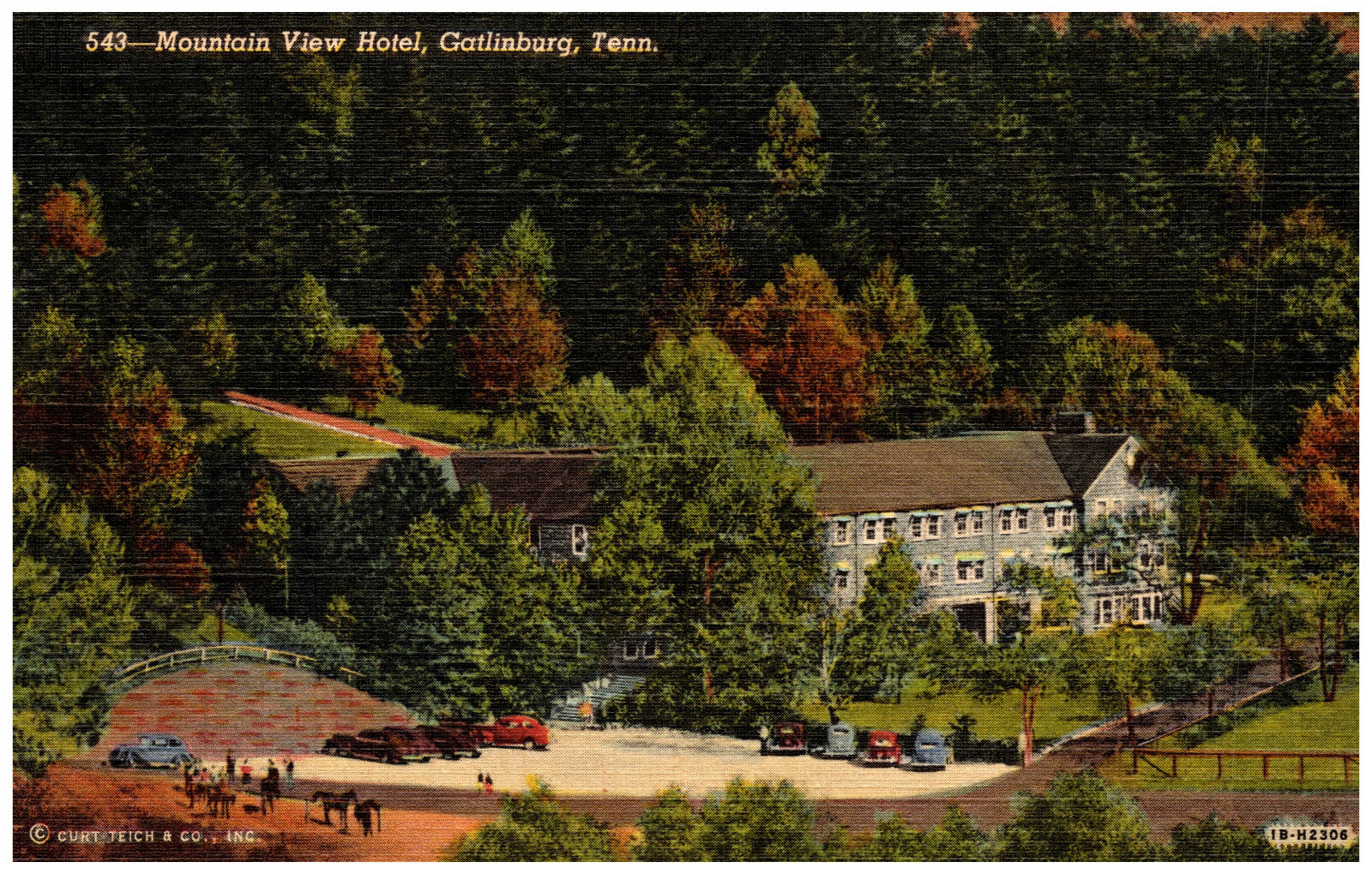 Gatlinburg, TN Mountain View Hotel Exterior ©Curt Teich & Co. Horses Cars -A103