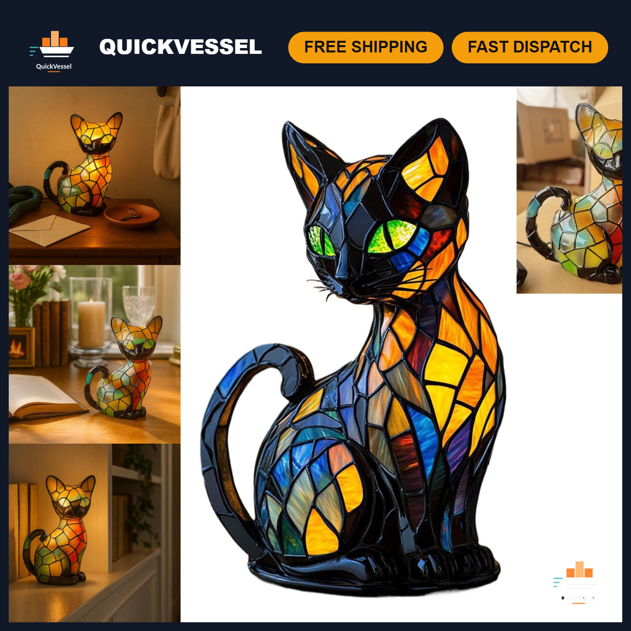Stained Glass Cat Lamp - Decorative LED Night Light for Cat Lovers, USB Vintage Stained Glass Cat Lamp - Decorative LED Night Light for Cat Lovers, USB Vintage