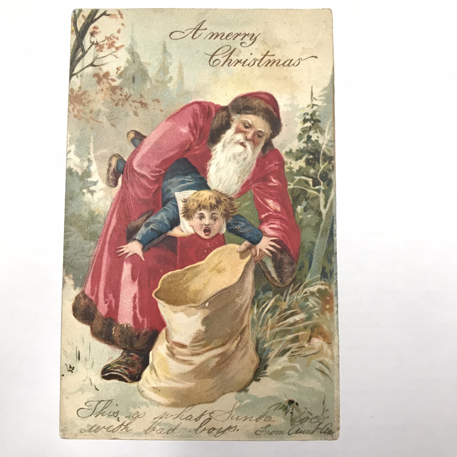 RARE Antique Postcard CHRISTMAS Santa Takes Naughty Child Posted c.1906 Stamp