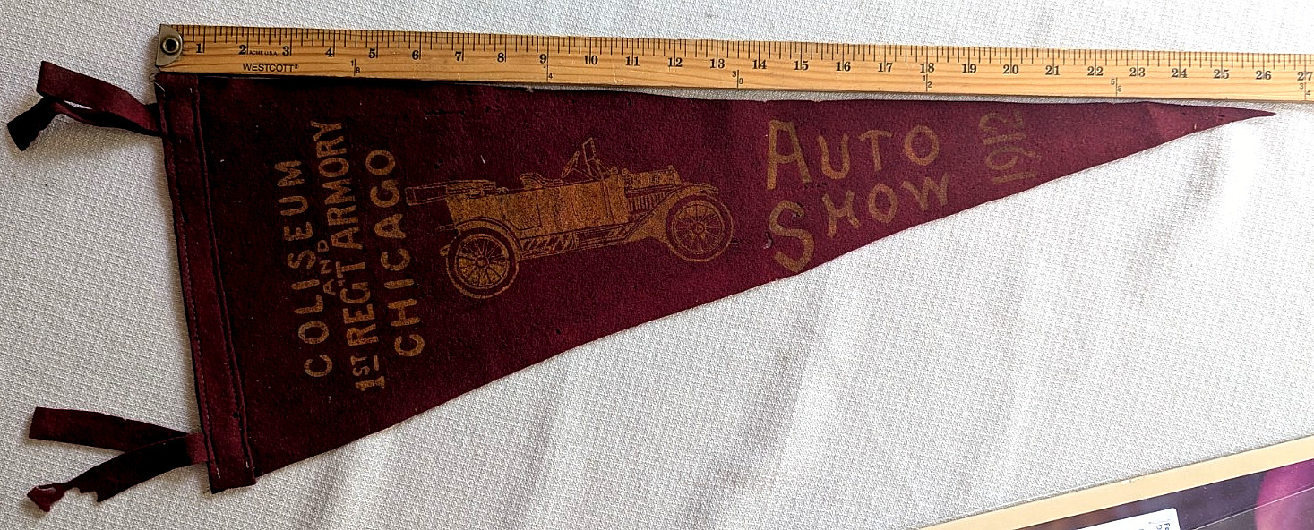 Rare 1912 Chicago Auto Show Felt Pennant Coliseum 1st Regiment Armory Brass Era