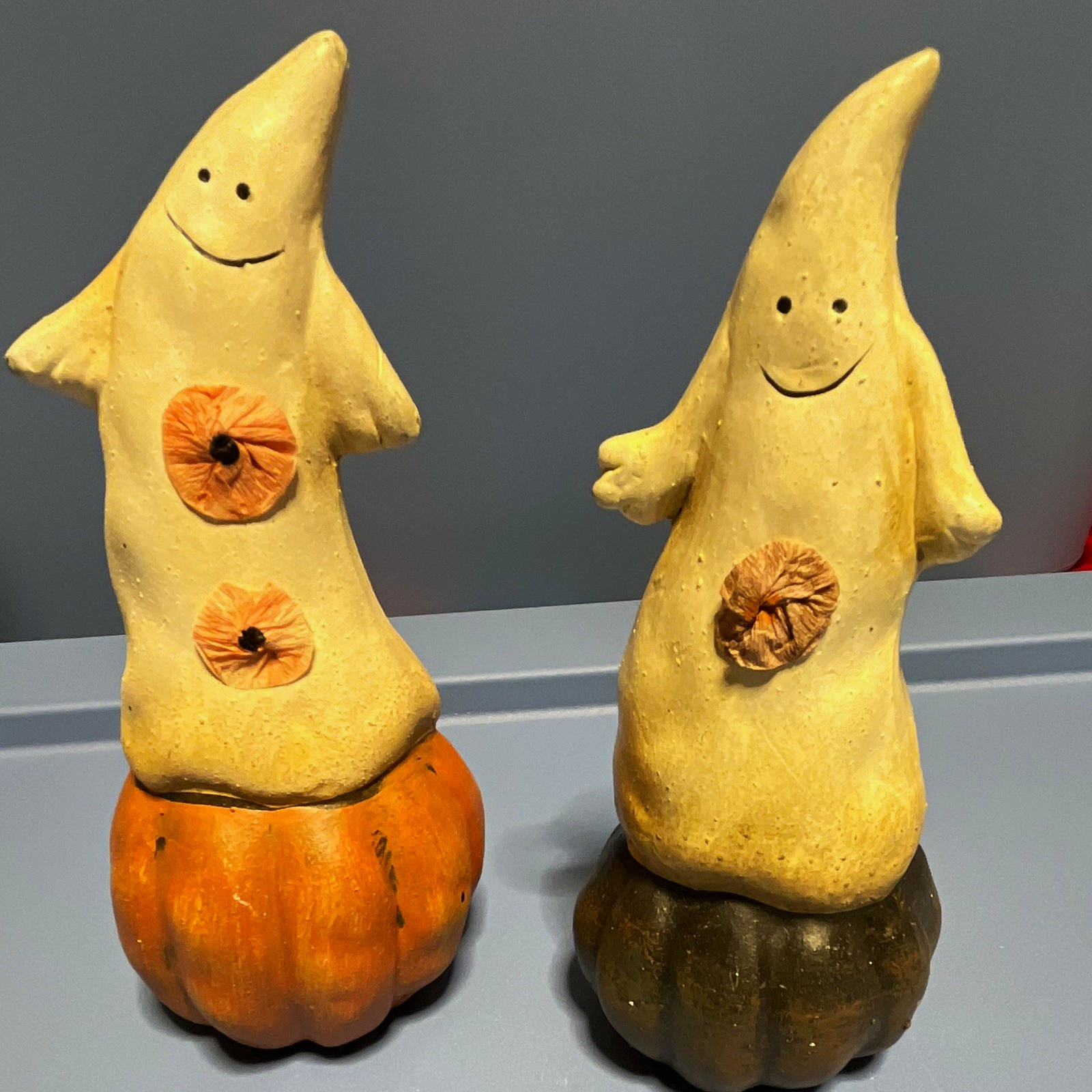 Vintage Hand Painted Ceramic Halloween Ghost on Pumpkin Figurines Set of 2