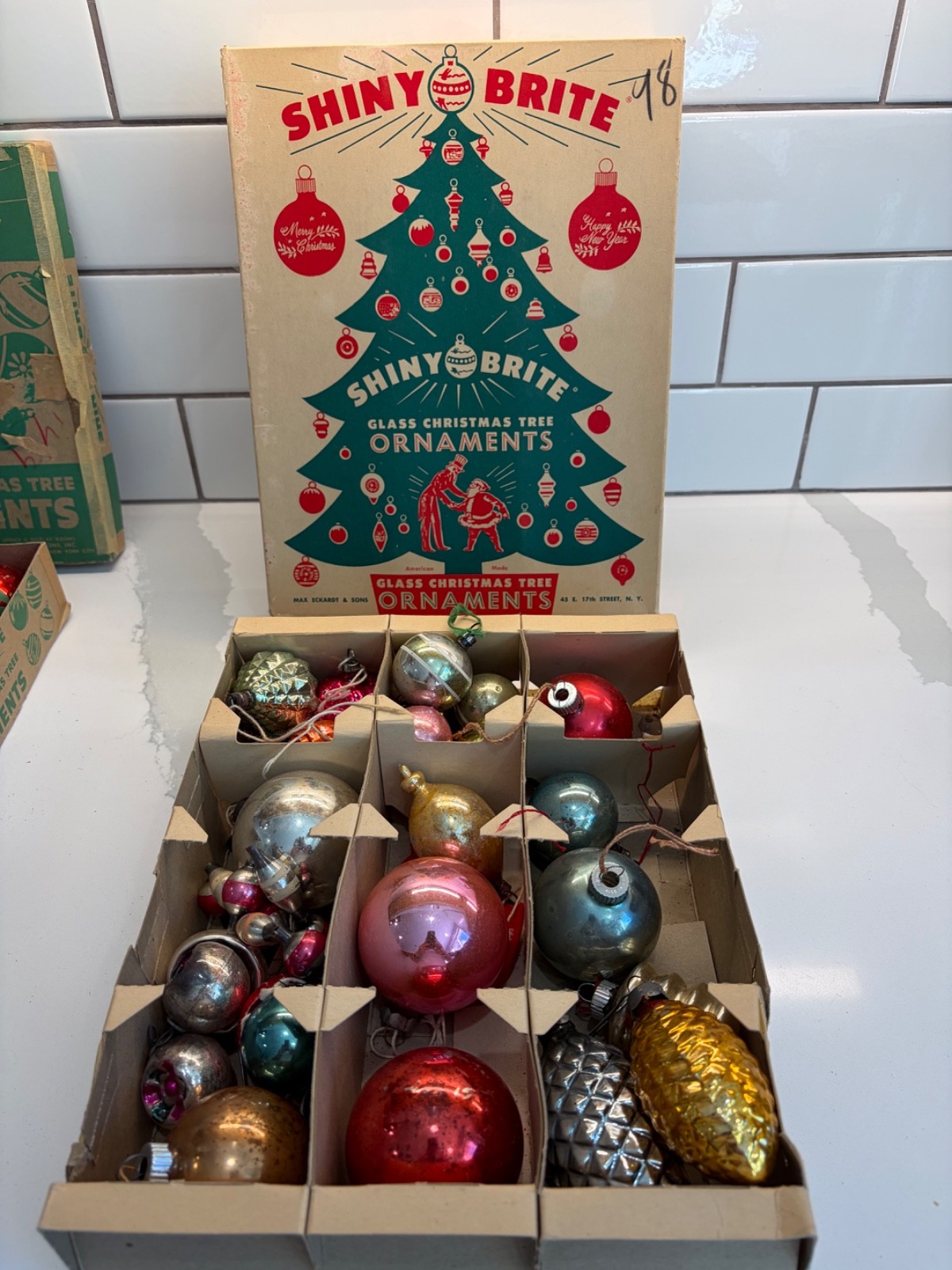 Lot 20 Vtg Box Shiny Brite Made in US of A Striped Christmas Ornaments
