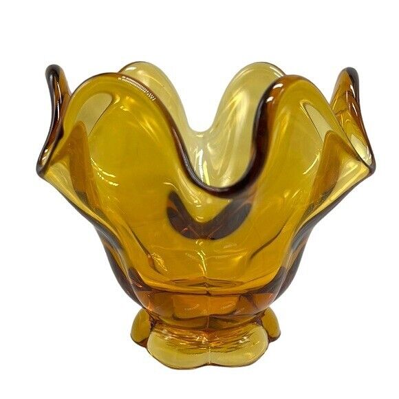 LE Smith Glass Vintage Candy Dish Bowl Vase Amber Art Glass Ruffled Edge