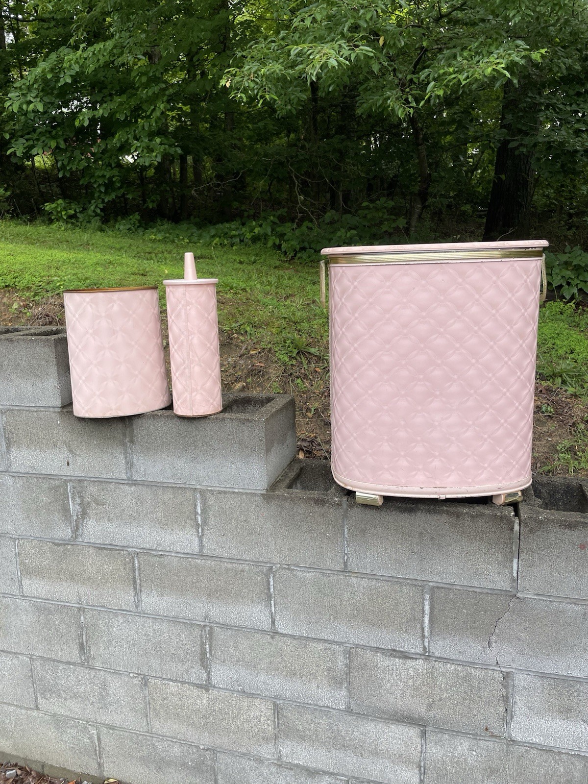 MCM Pearl Wick Bathroom Set Pink Metal & Lucite Trash, Brush, Hamper 60’s 