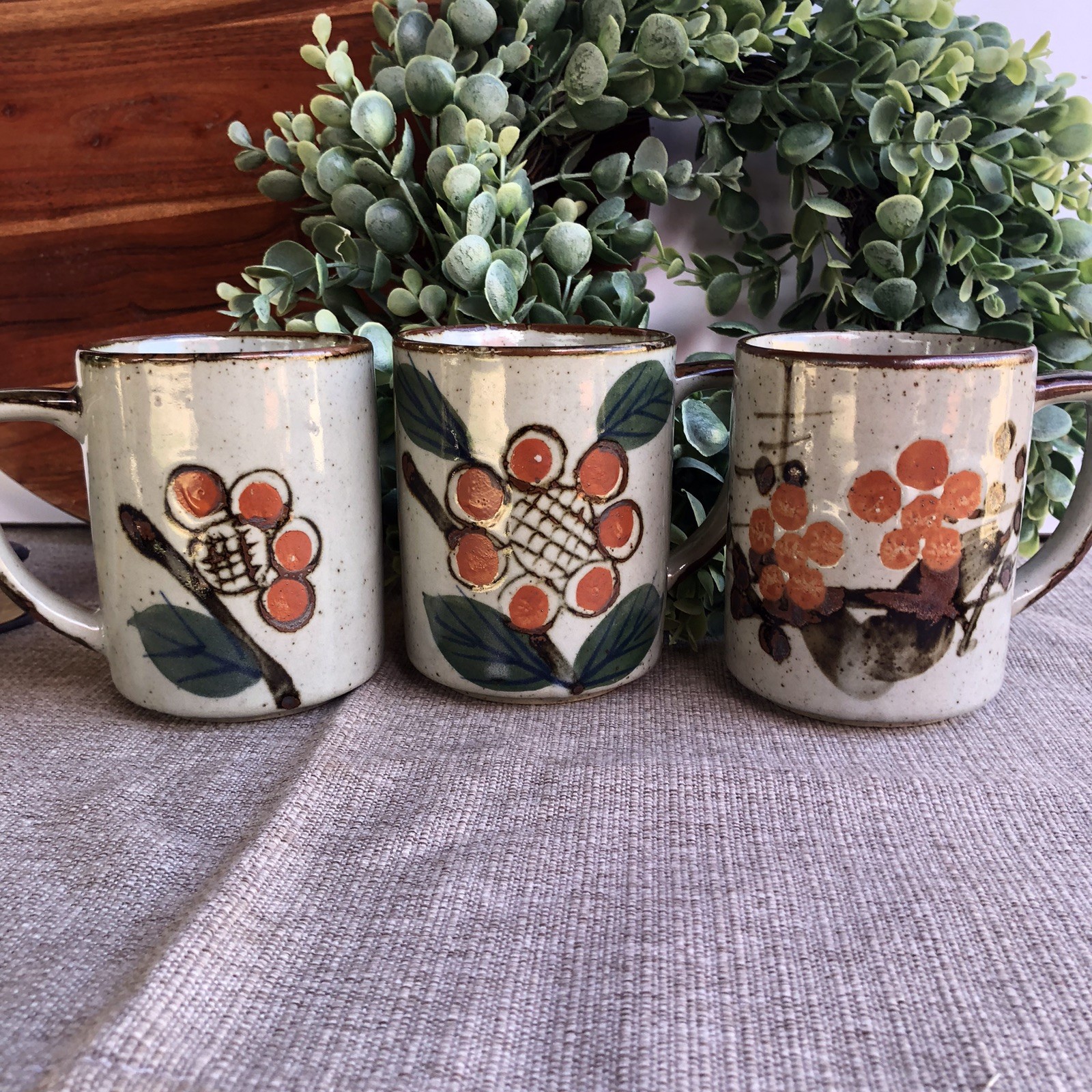 Vtg 1970s Otagiri Japan Speckled Stoneware Floral Coffee Mugs Lot of 3 Vtg 1970s Otagiri Japan Speckled Stoneware Floral Coffee Mugs Lot of 3