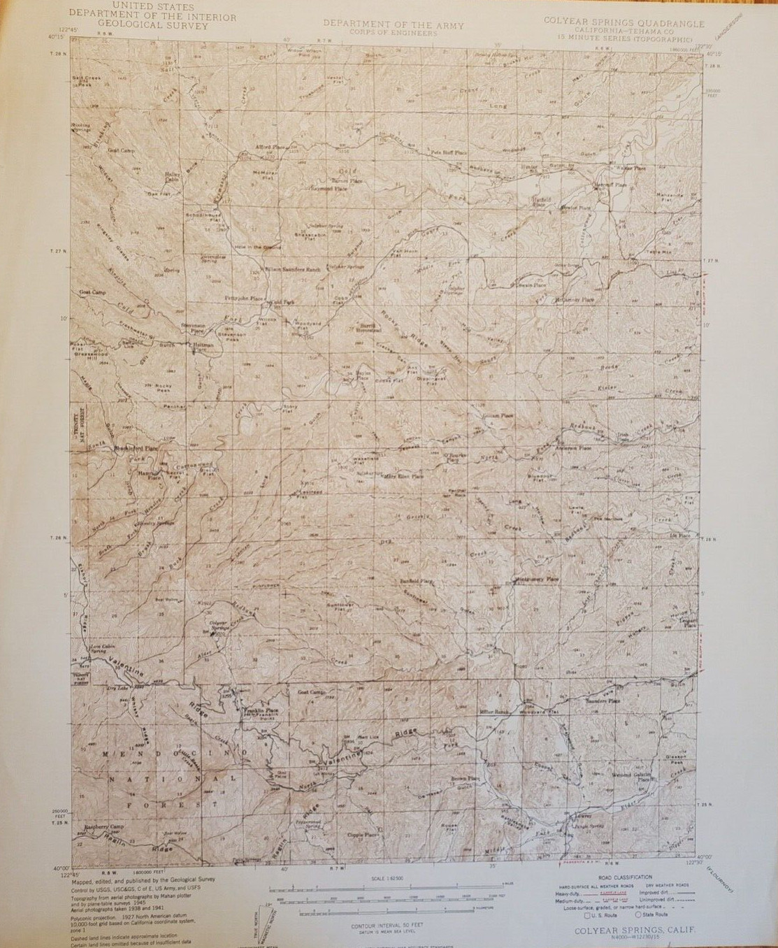 Colyear Springs Quadrangle, CA 1945 VTG USGS Topo Map Army Corps of Engineers 
