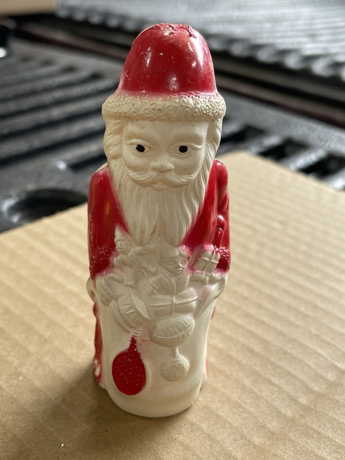 Antique Vintage Irwin Christmas Celluloid Santa w/ Toy Sack Dressed in Red 4”