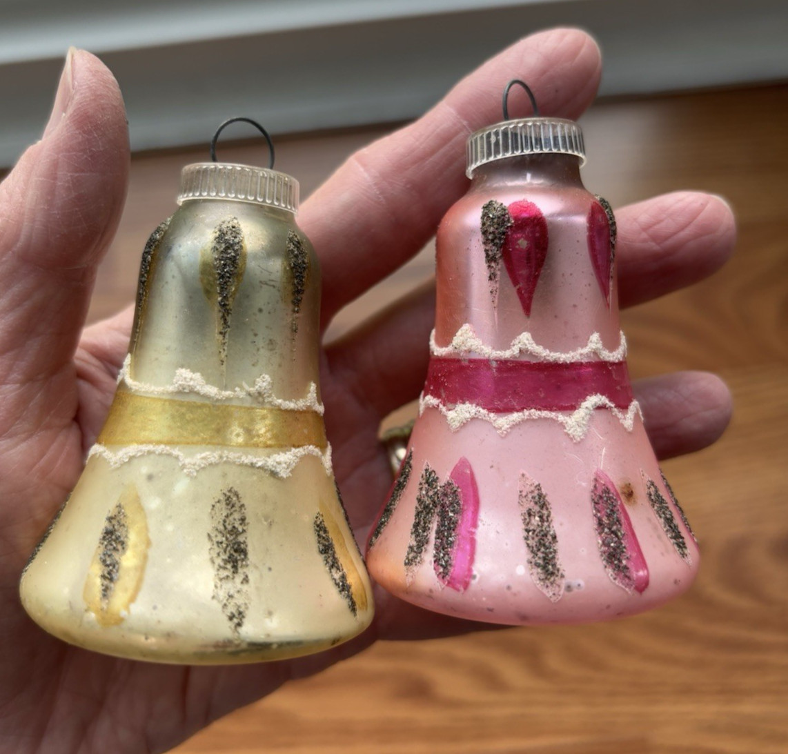 Vintage 2 Bell Glass Christmas Ornaments West Germany Gold & Pink Glitter