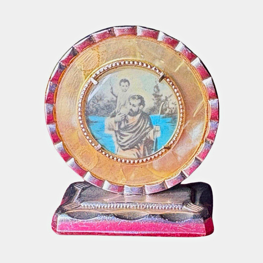 Vintage Italian St Christopher Dashboard Auto Shrine Plaque Pocket Shrine Italy